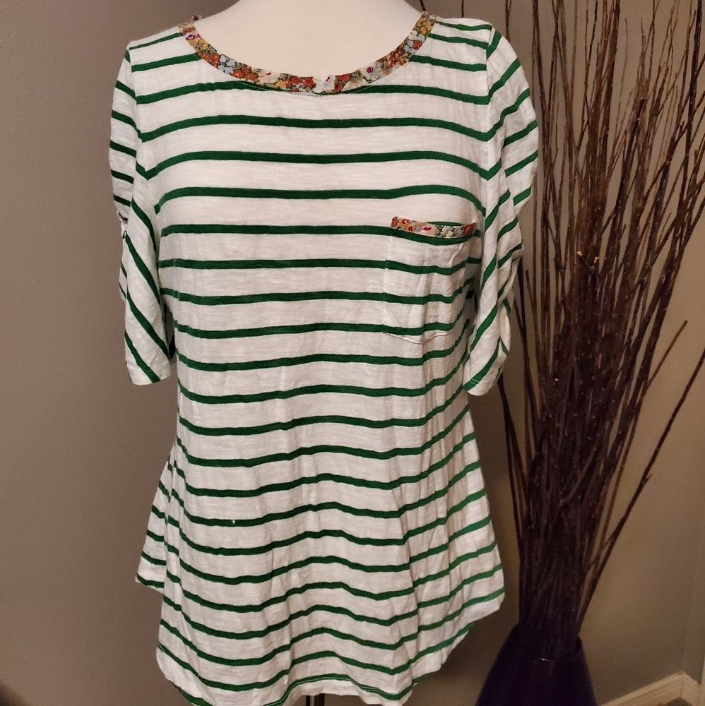 Anthro Green & White Striped Shirt w/Flowers